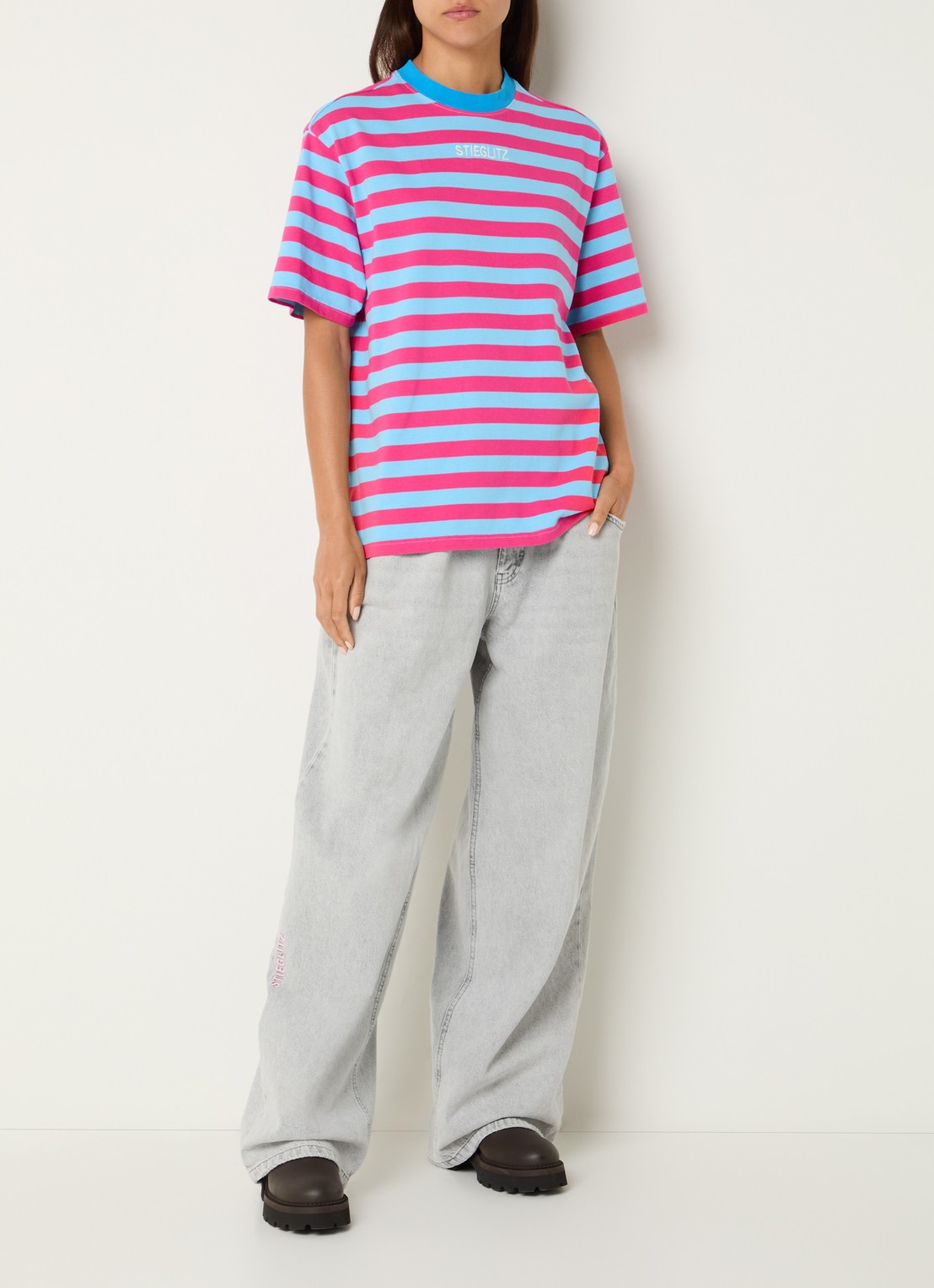 Stieglitz Joana T-shirt met logo en streepprint - voorkant 4 donkerroze