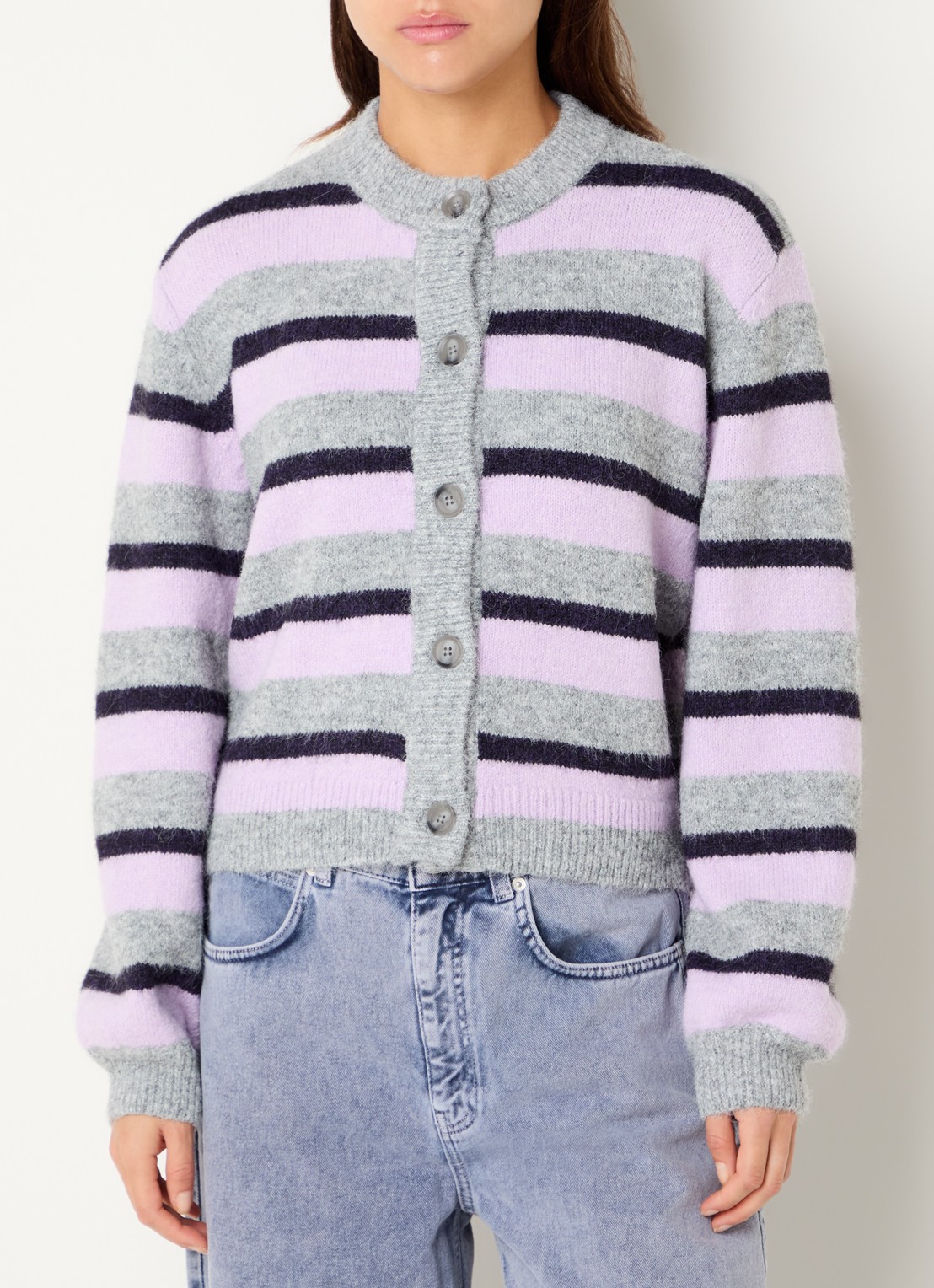 Stieglitz Mova grofgebreid vest in wolblend met ingebreid patroon - detail paars