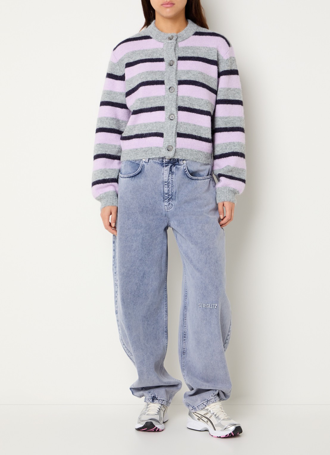 Stieglitz Mova grofgebreid vest in wolblend met ingebreid patroon - voorkant 4 paars