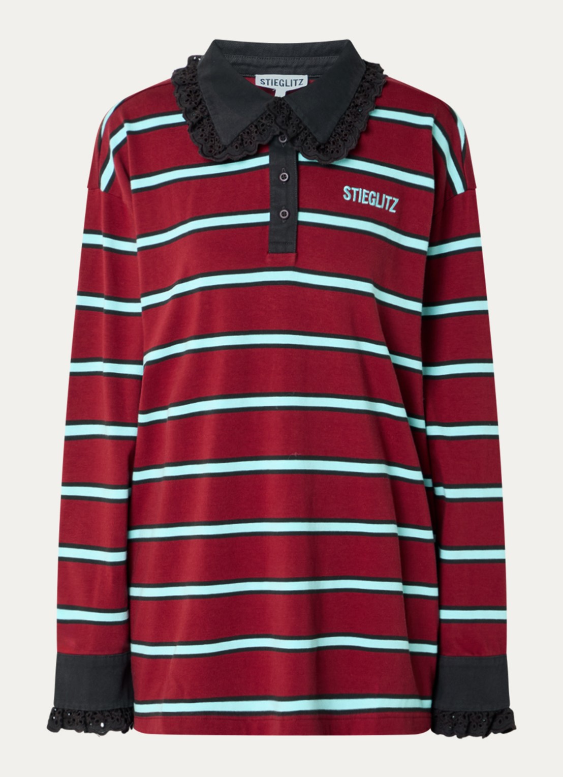 Stieglitz Polo met streepprint en details van broderie - voorkant 2 bordeauxrood