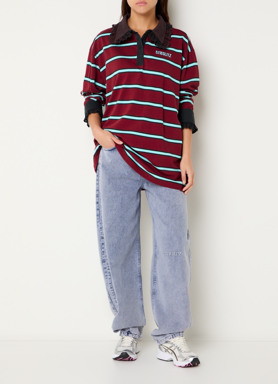Stieglitz Polo met streepprint en details van broderie - voorkant 3 bordeauxrood