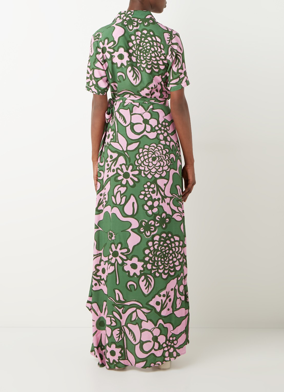 Stieglitz Tara maxi wikkeljurk met print in viscoseblend - achterkant 4 donkergroen