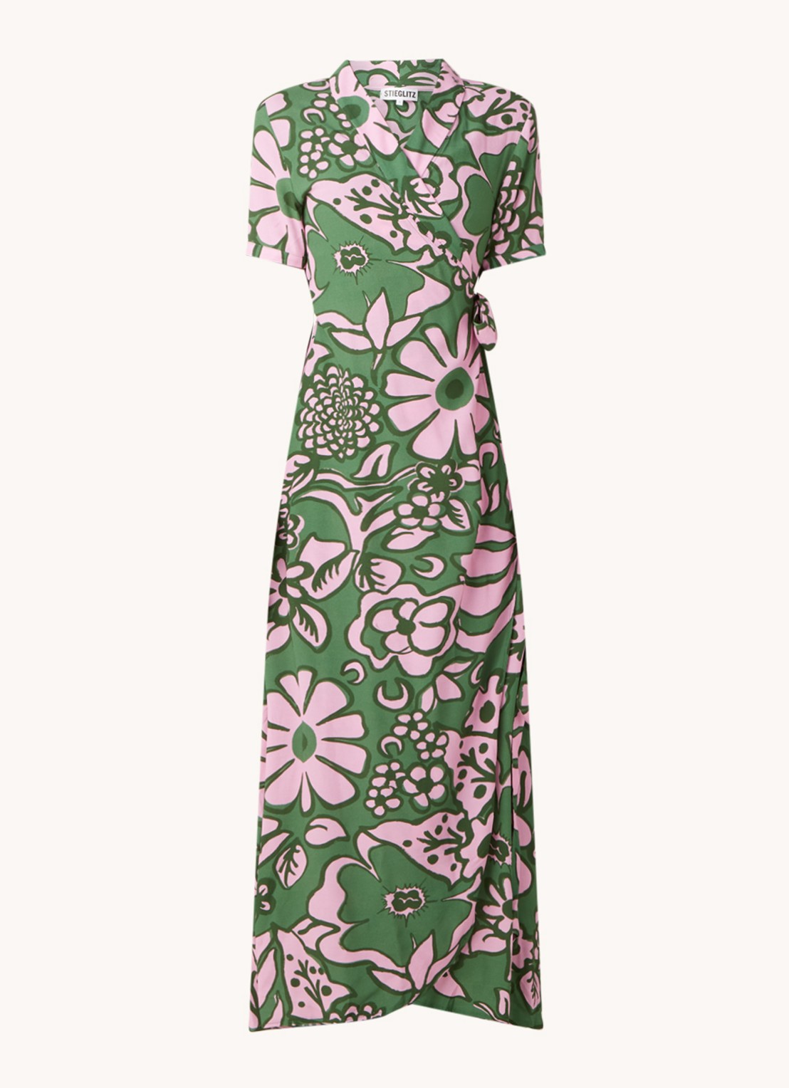 Stieglitz Tara maxi wikkeljurk met print in viscoseblend - voorkant donkergroen