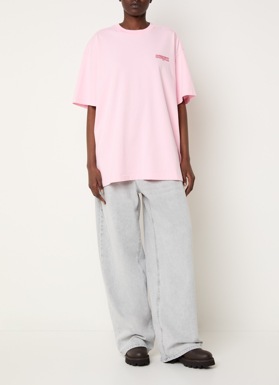 Stieglitz World of Stieg oversized T-shirt met logo- en backprint - voorkant 2 lichtroze