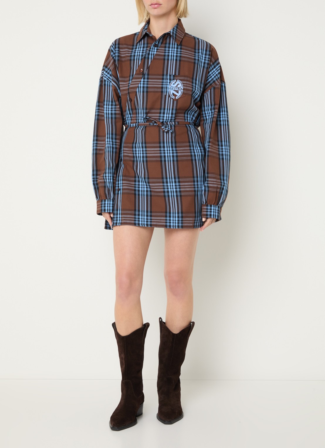 Stieglitz Zita mini blousejurk met ruitdessin - voorkant 3 bruin