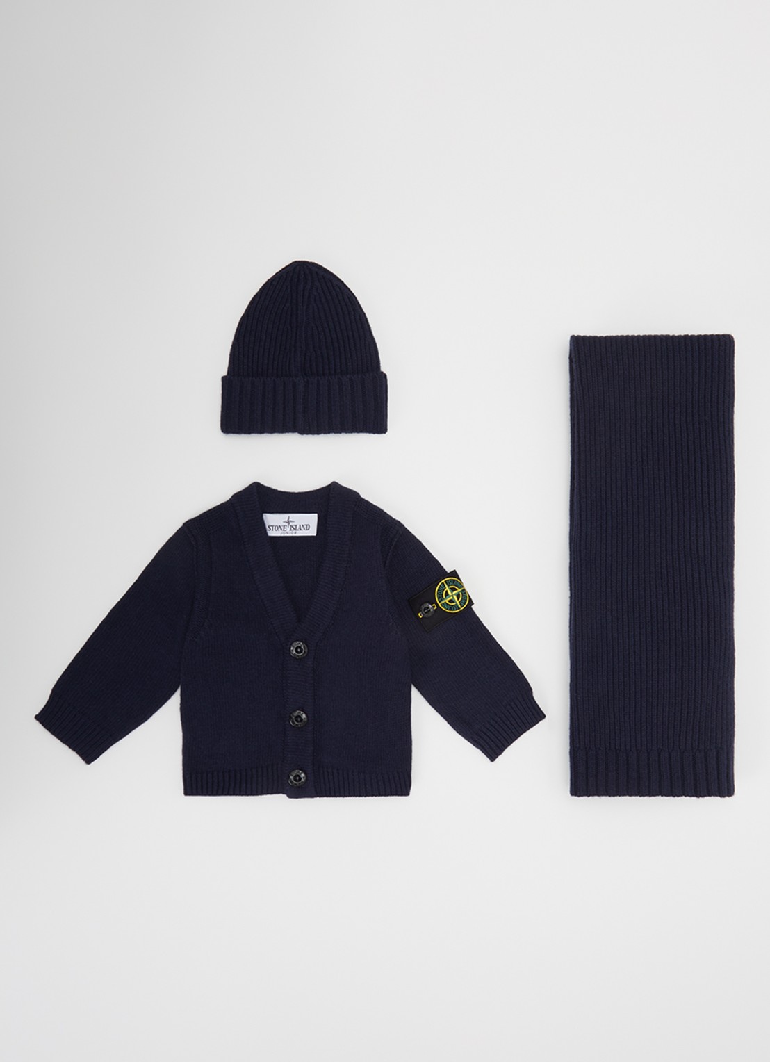 Stone Island 00001 set van vest met muts en sjaal in giftbox 3-delig - voorkant donkerblauw