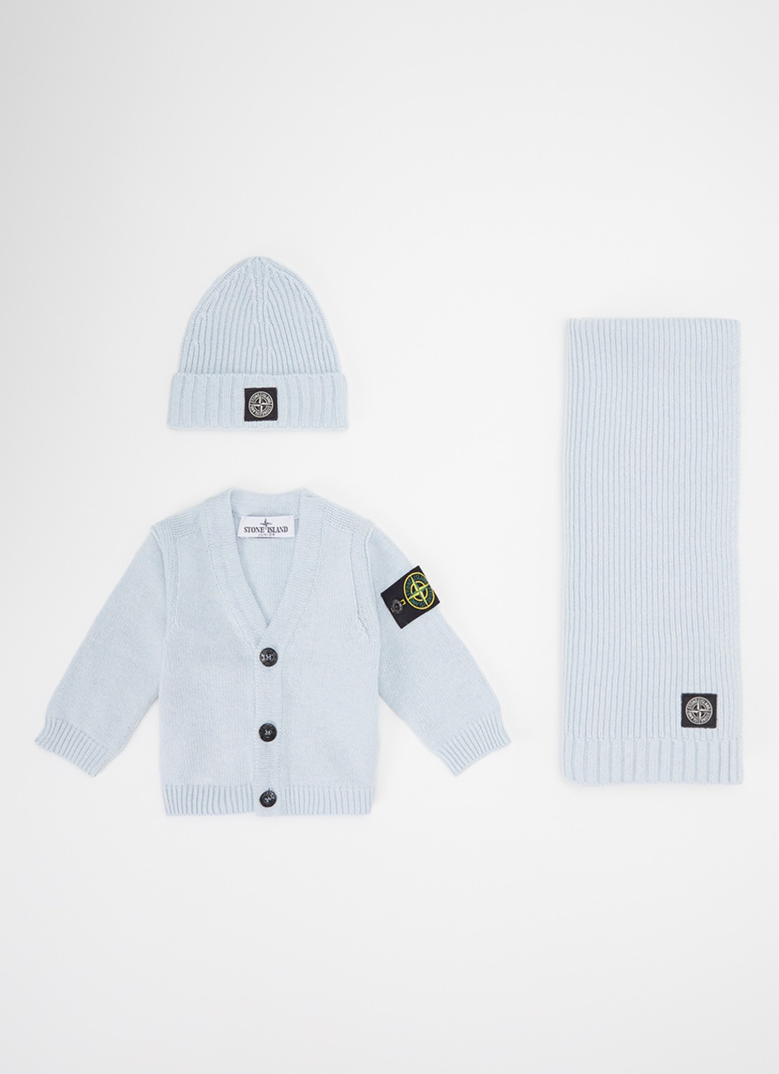 Stone Island 00001 set van vest met muts en sjaal in giftbox 3-delig - voorkant 2 lichtblauw
