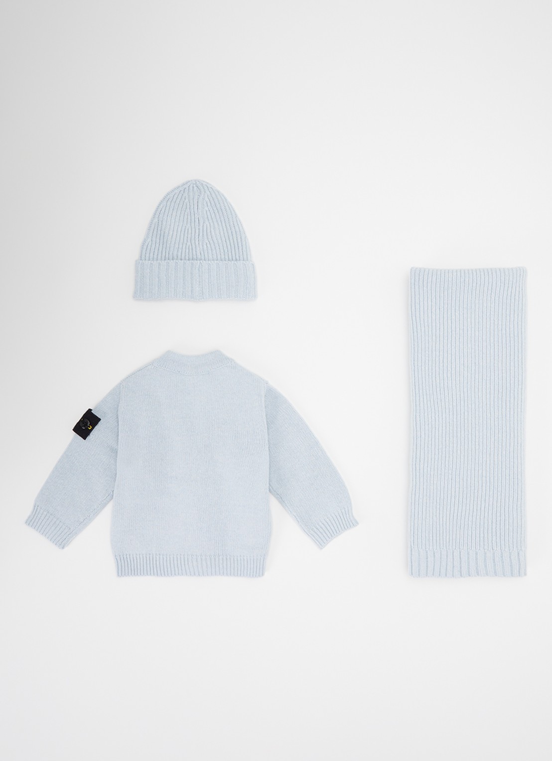Stone Island 00001 set van vest met muts en sjaal in giftbox 3-delig - voorkant 3 lichtblauw