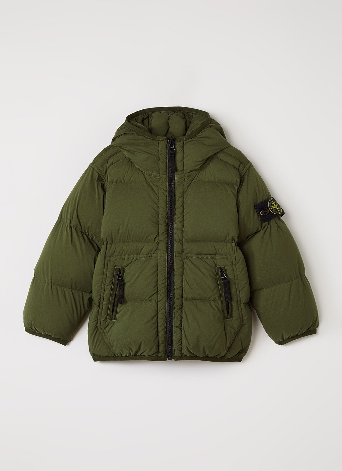 Stone Island 00004 puffer jack met capuchon en ritszakken - voorkant 2 legergroen