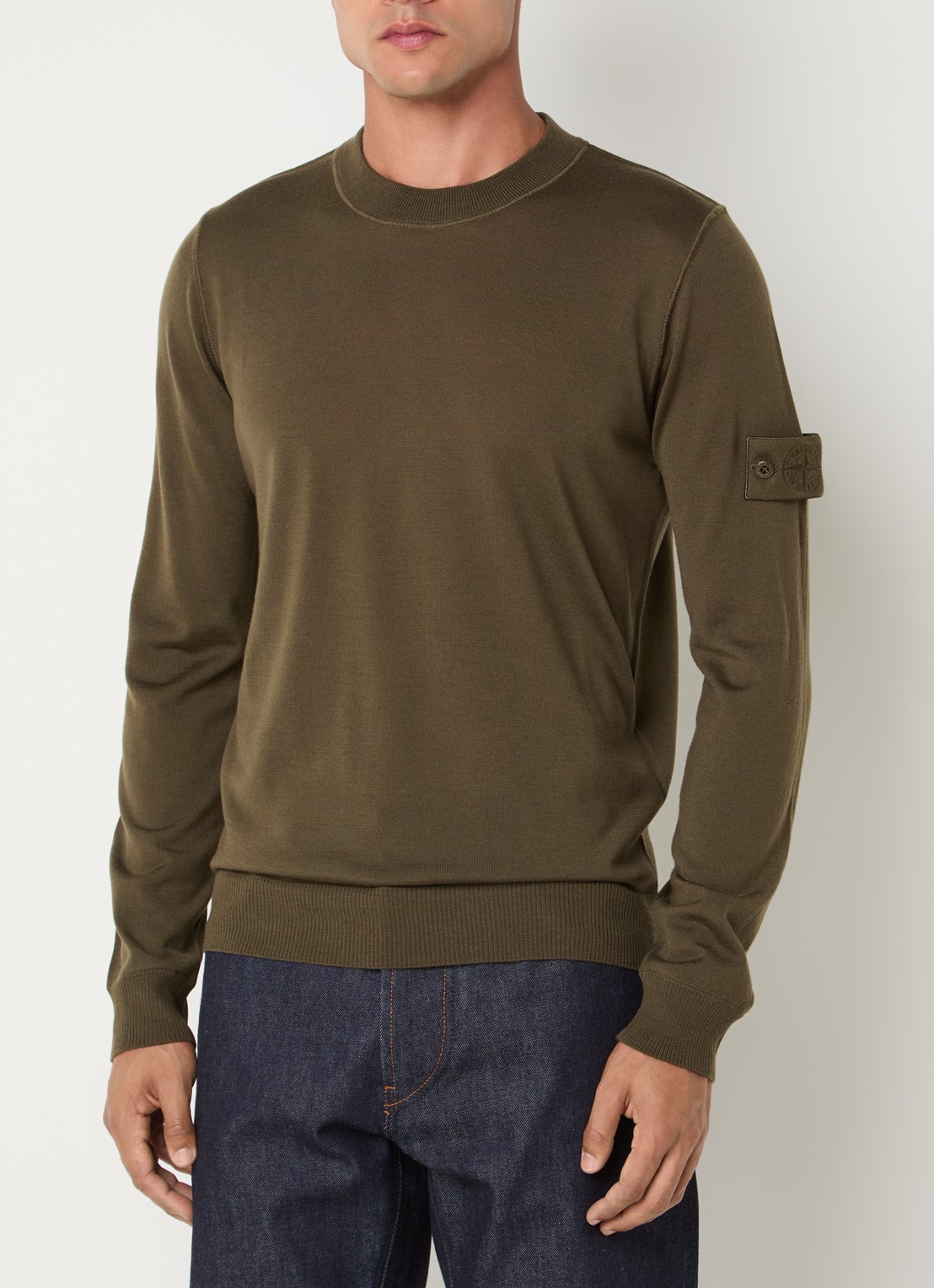 Stone Island 00074 fijngebreide pullover van scheerwol met logo - detail 3 legergroen
