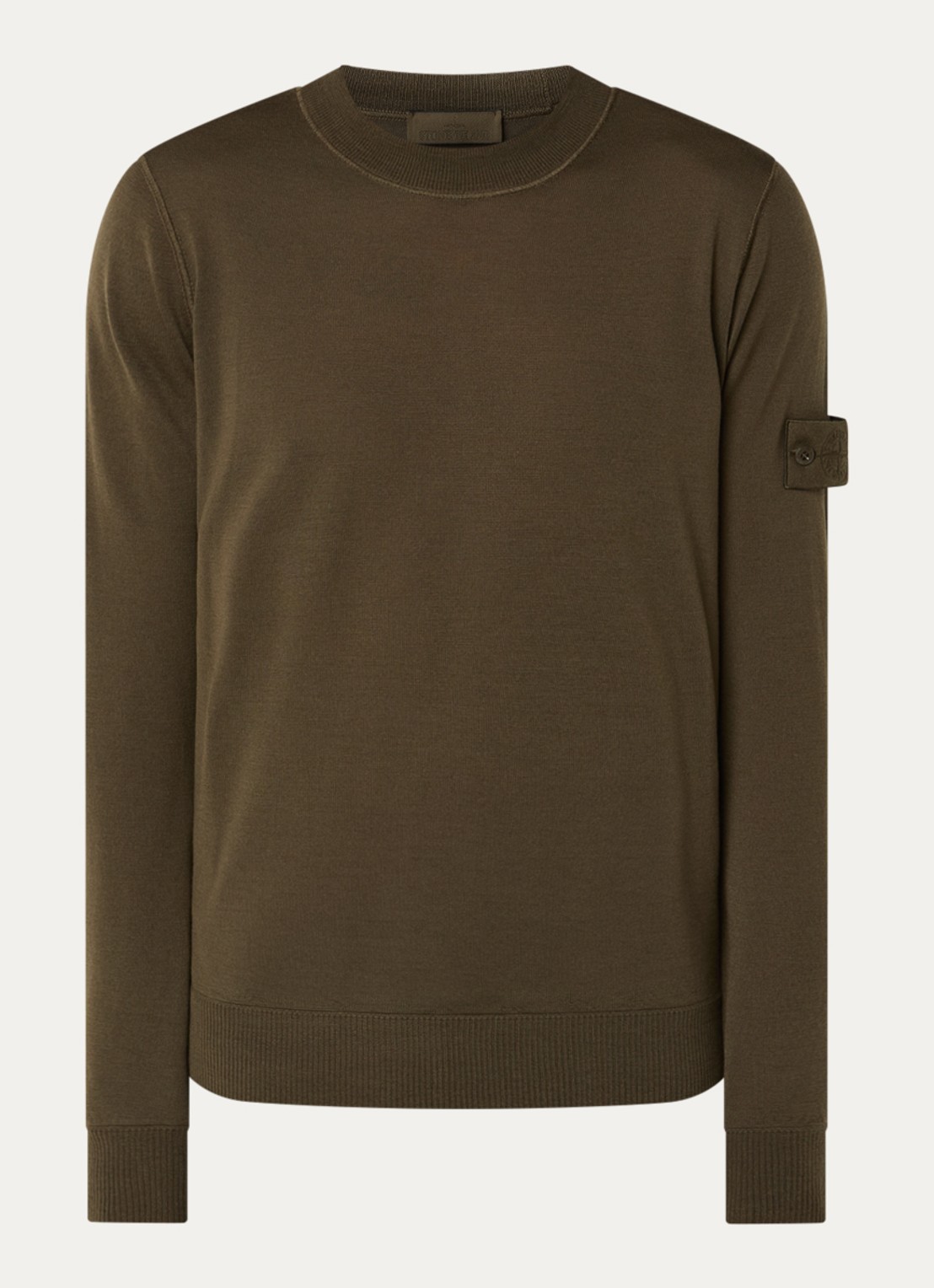 Stone Island 00074 fijngebreide pullover van scheerwol met logo - voorkant legergroen