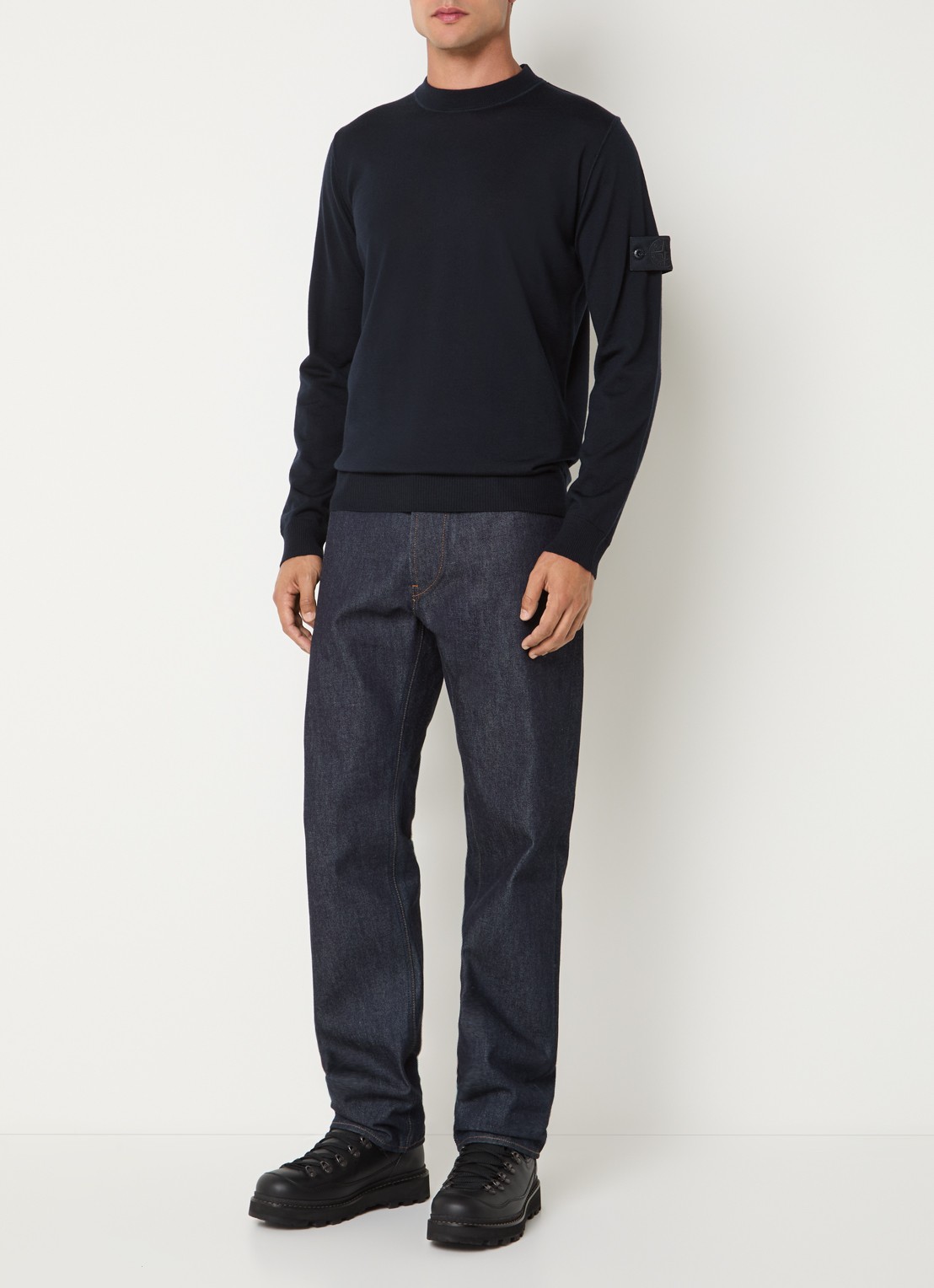 Stone Island 00074 fijngebreide pullover van scheerwol met logo - voorkant 2 donkerblauw