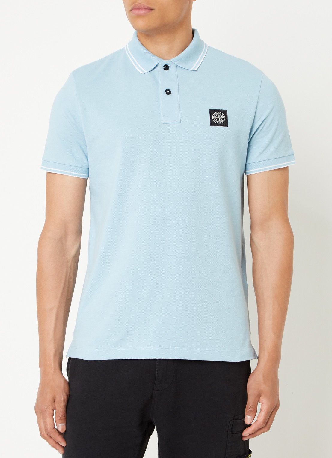 Stone Island 2SC18 slim fit polo van  piqué katoen met logo - detail lichtblauw