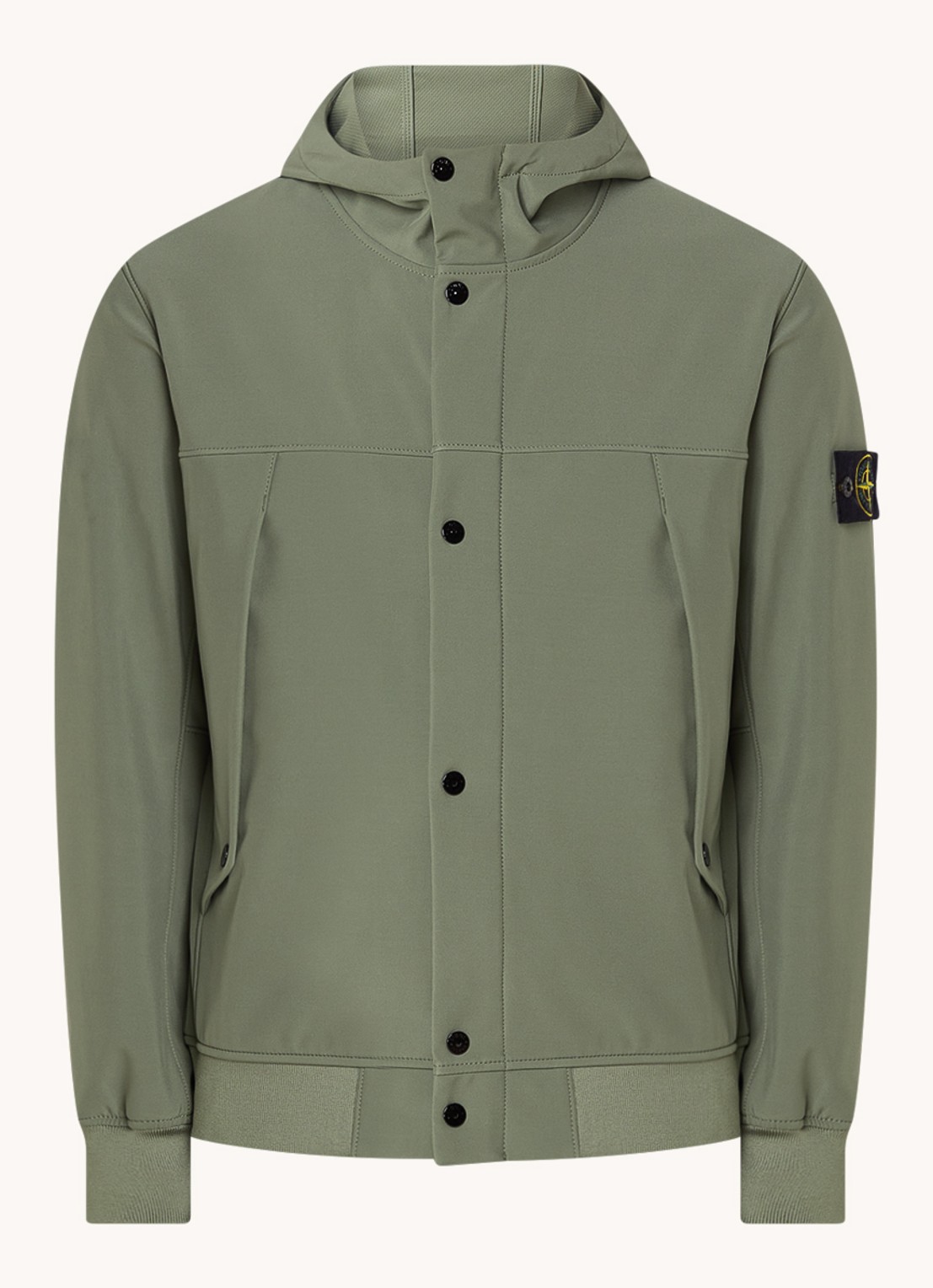 Stone Island 40227 softshell jack met logo en capuchon - voorkant 5 legergroen