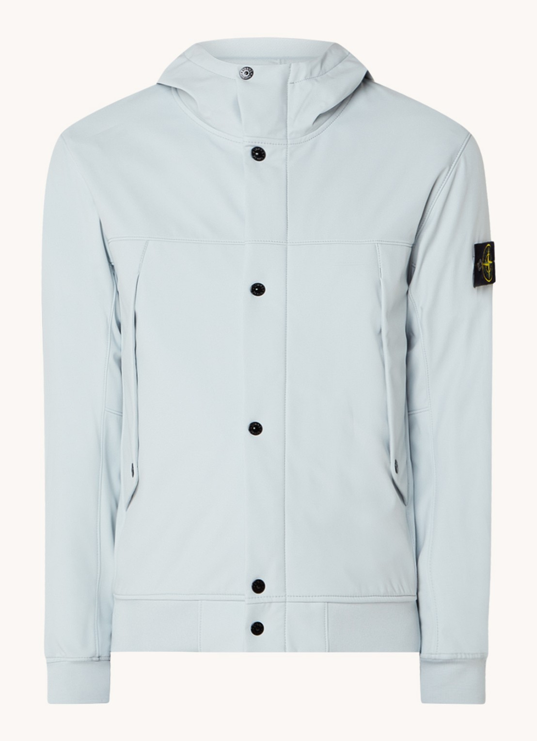 Stone Island 40227 softshell jack met logo en capuchon - voorkant 2 lichtblauw