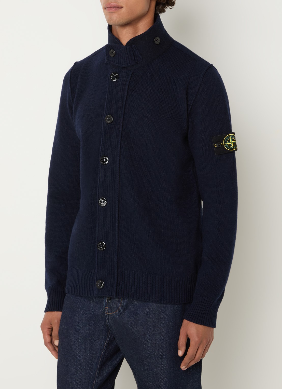 Stone Island 5100047 Fijngebreid vest in wolblend met logo - detail donkerblauw