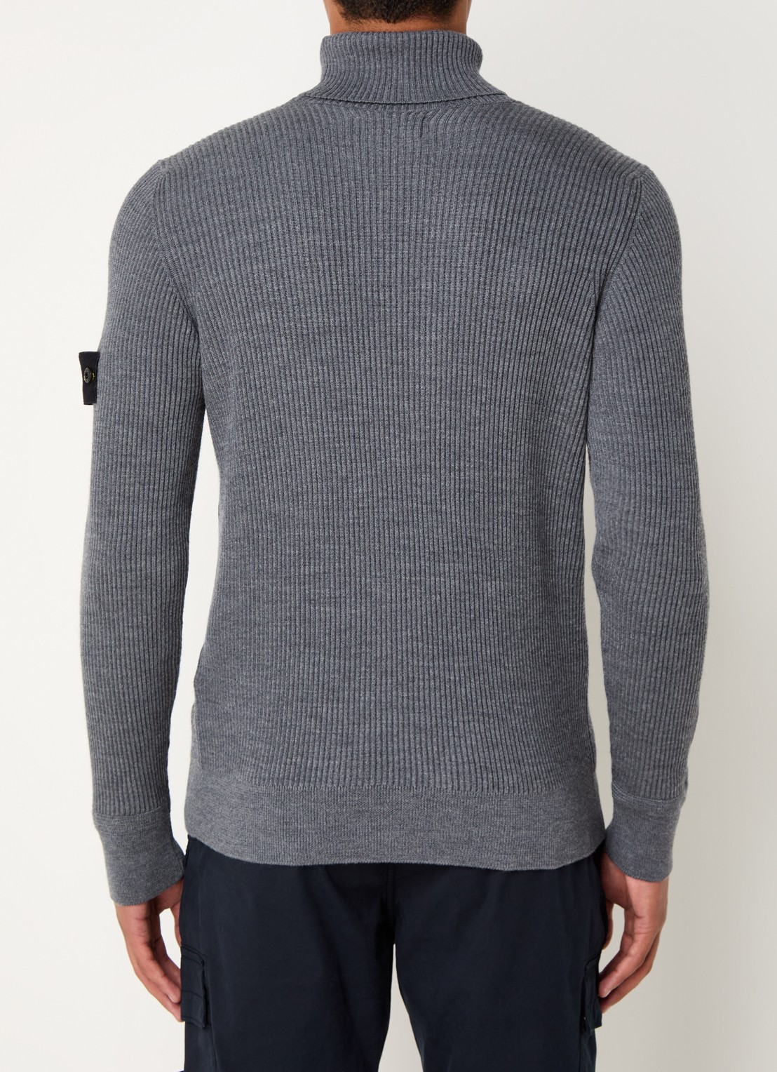Stone Island 552C2 ribgebreide coltrui van scheerwol met logo - achterkant middengrijs