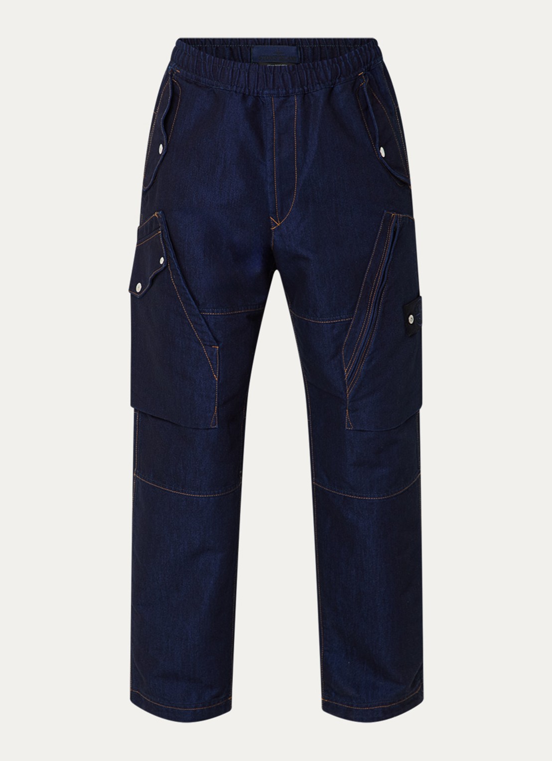 Stone Island K2S15 straight fit cargobroek van denim met klepzakken en logo - voorkant 2 indigo