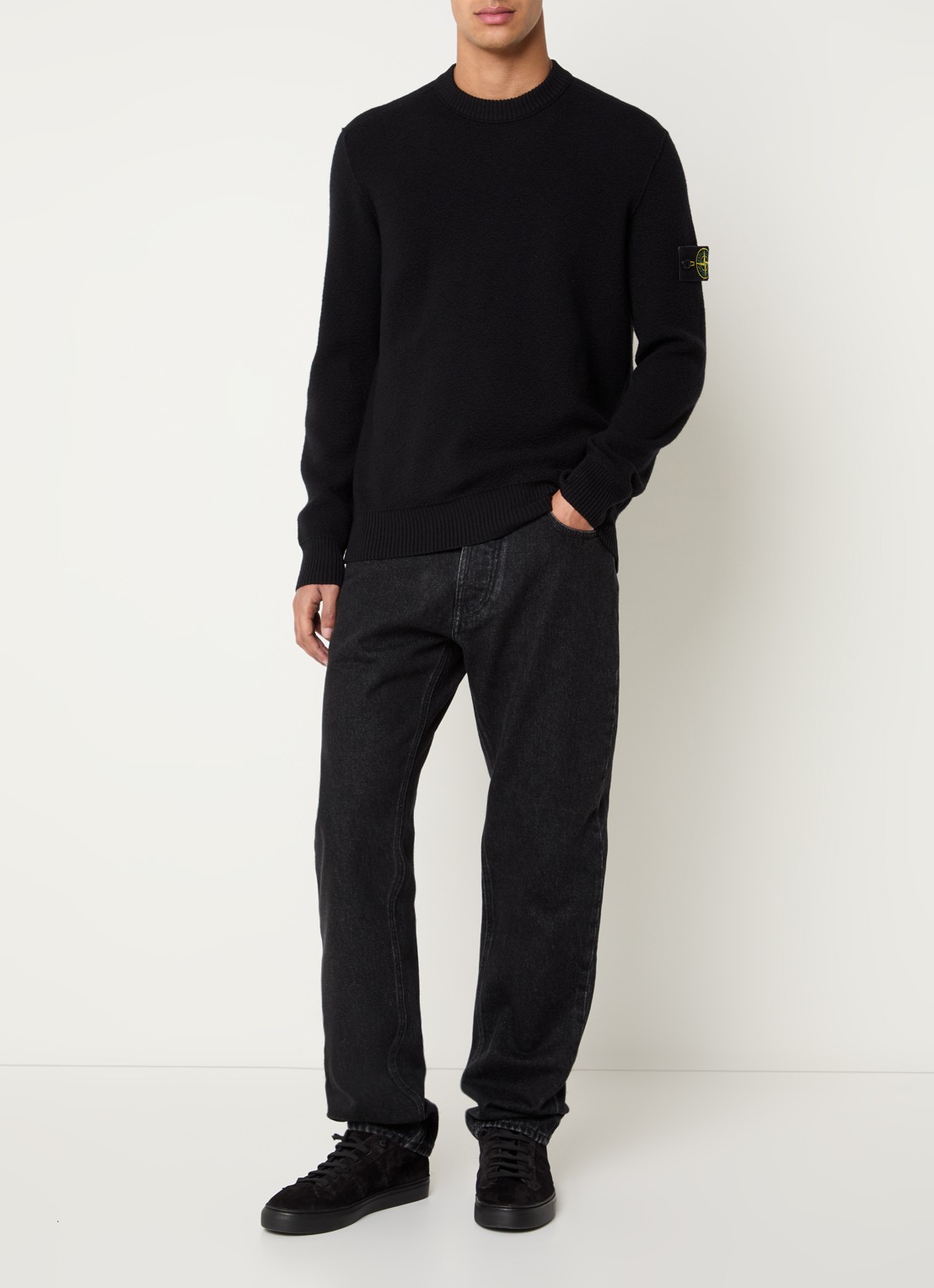 Stone Island S01C4 grofgebreide trui van scheerwol met logo - voorkant 4 zwart