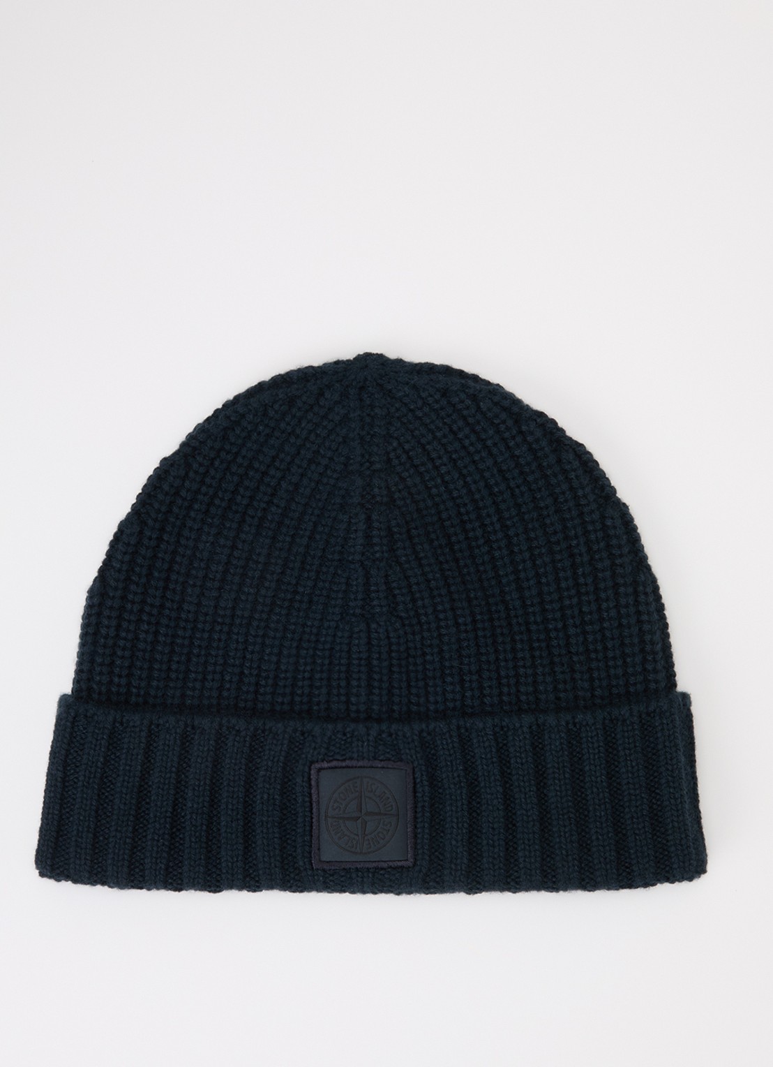 Stone Island S01FF ribgebreide muts van kasjmier met logo - voorkant donkerblauw