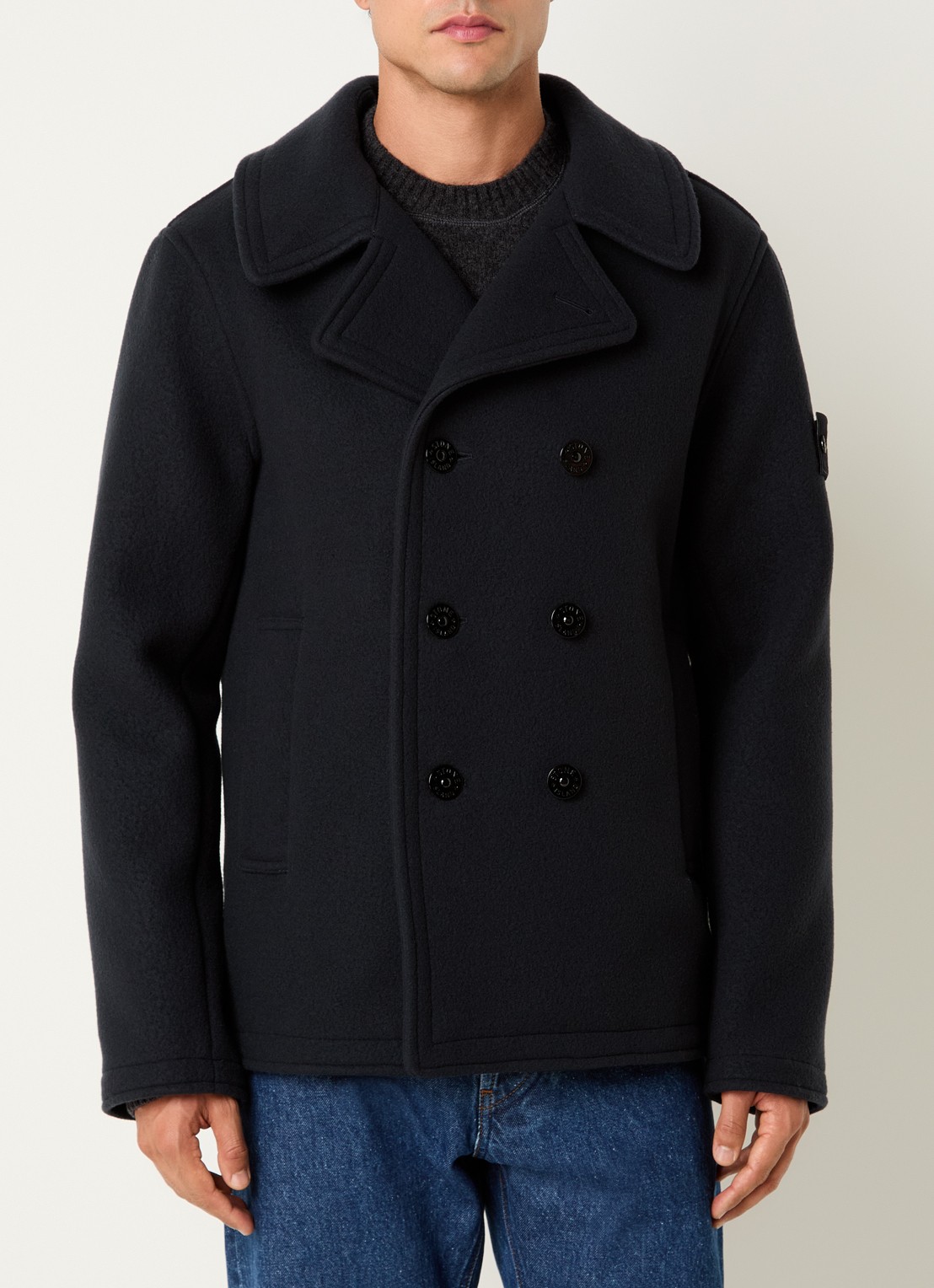 Stone Island S0453 mantel in kasjmierblend met logo - detail donkerblauw