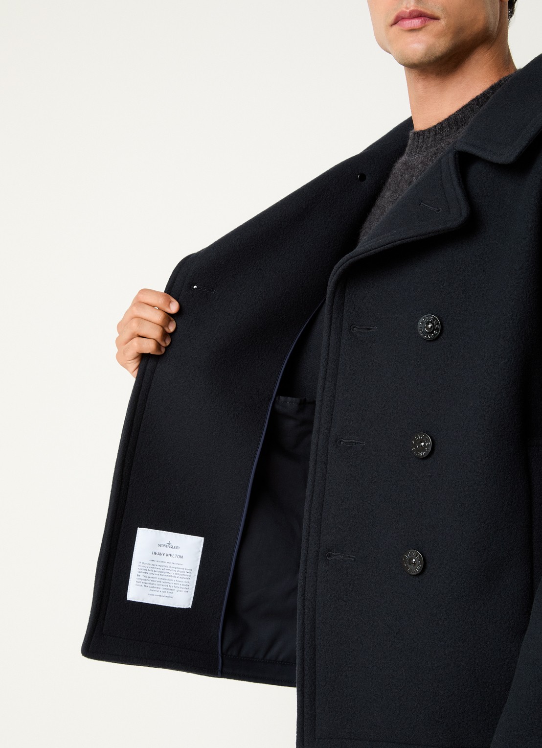 Stone Island S0453 mantel in kasjmierblend met logo - detail 3 donkerblauw