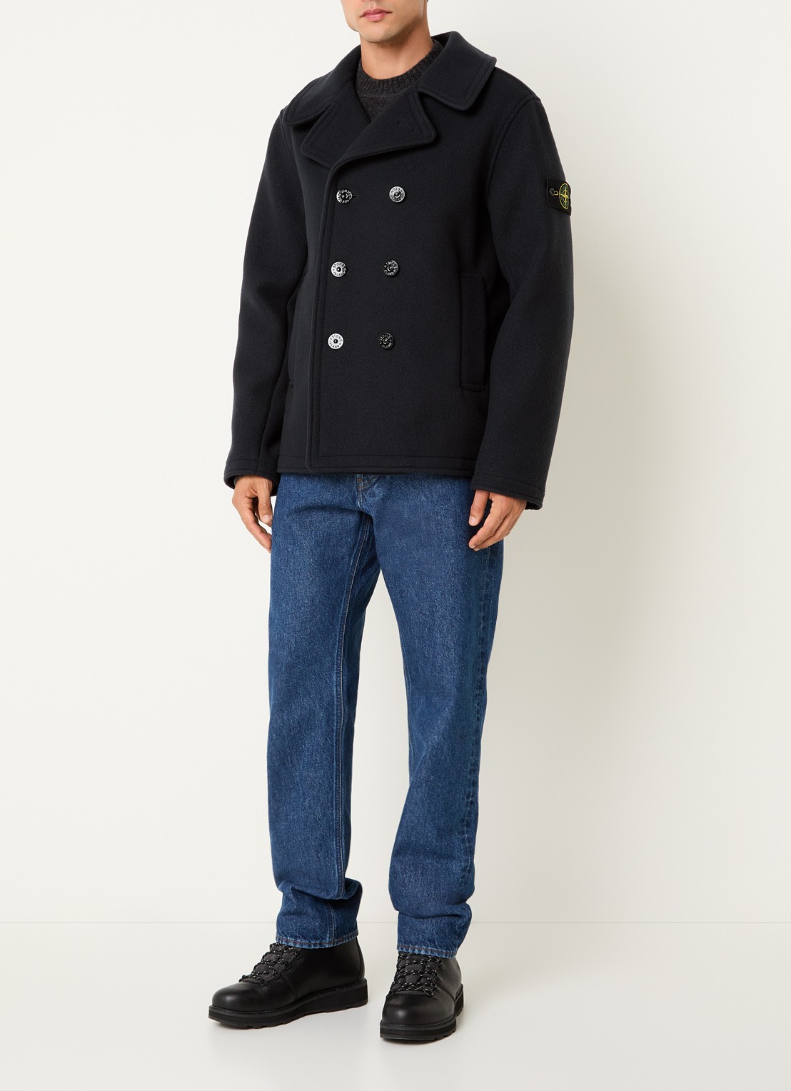 Stone Island S0453 mantel in kasjmierblend met logo - voorkant 6 donkerblauw