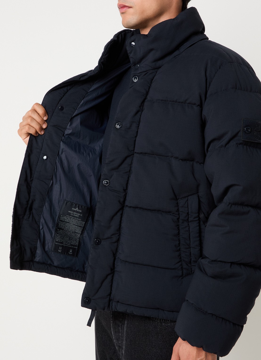 Stone Island S0F52 puffer jack van scheerwol met donsvulling en afneembare capuchon - detail 6 donkerblauw