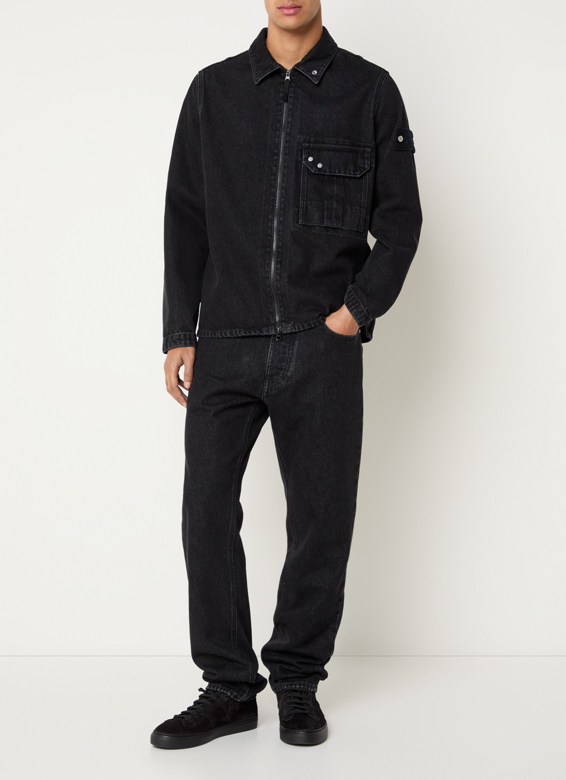 Stone Island S0J32 overshirt van denim met logo - voorkant 5 antraciet