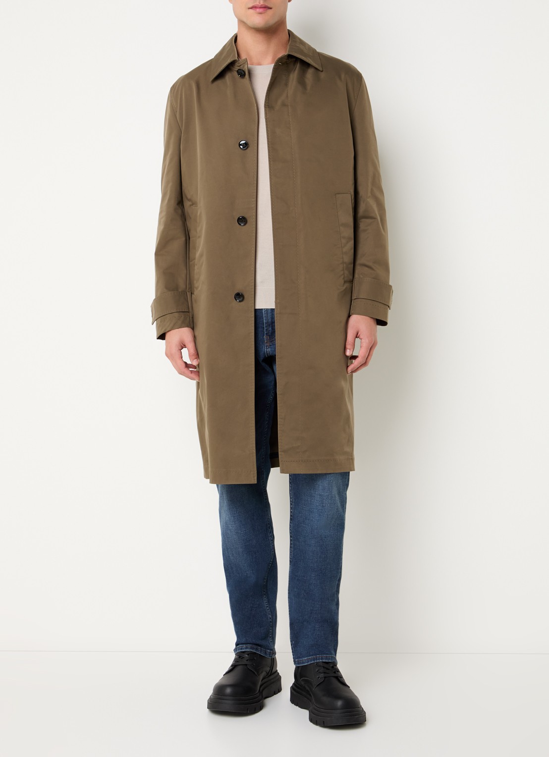Strellson Barletta trenchcoat met steekzakken en kraag - voorkant 4 mosgroen