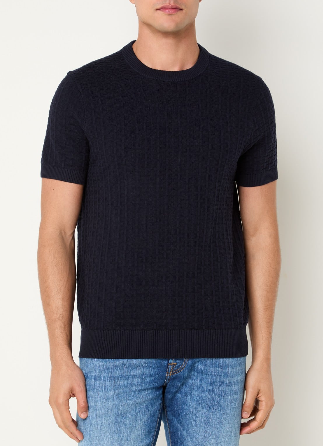 Strellson Grofgebreide pullover met logo - detail 4 donkerblauw