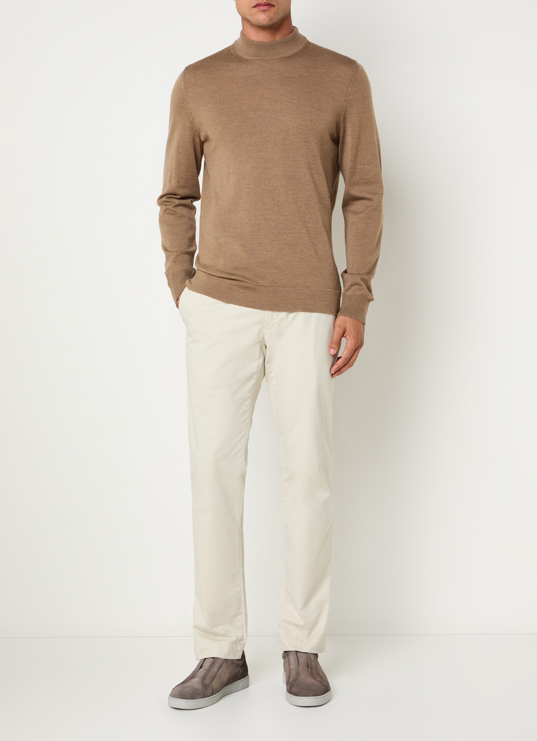 Strellson Marek fijngebreide pullover van wol met col - voorkant 2 donkerbeige