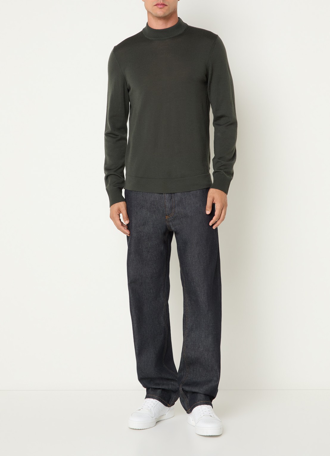 Strellson Marek fijngebreide pullover van wol met col - voorkant 2 groen