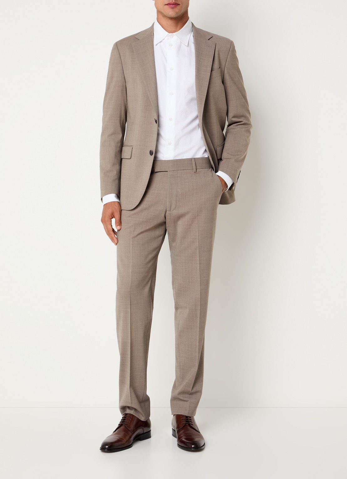 Strellson Melwin slim fit pantalon in wolblend met gemêleerd dessin - voorkant 6 beige