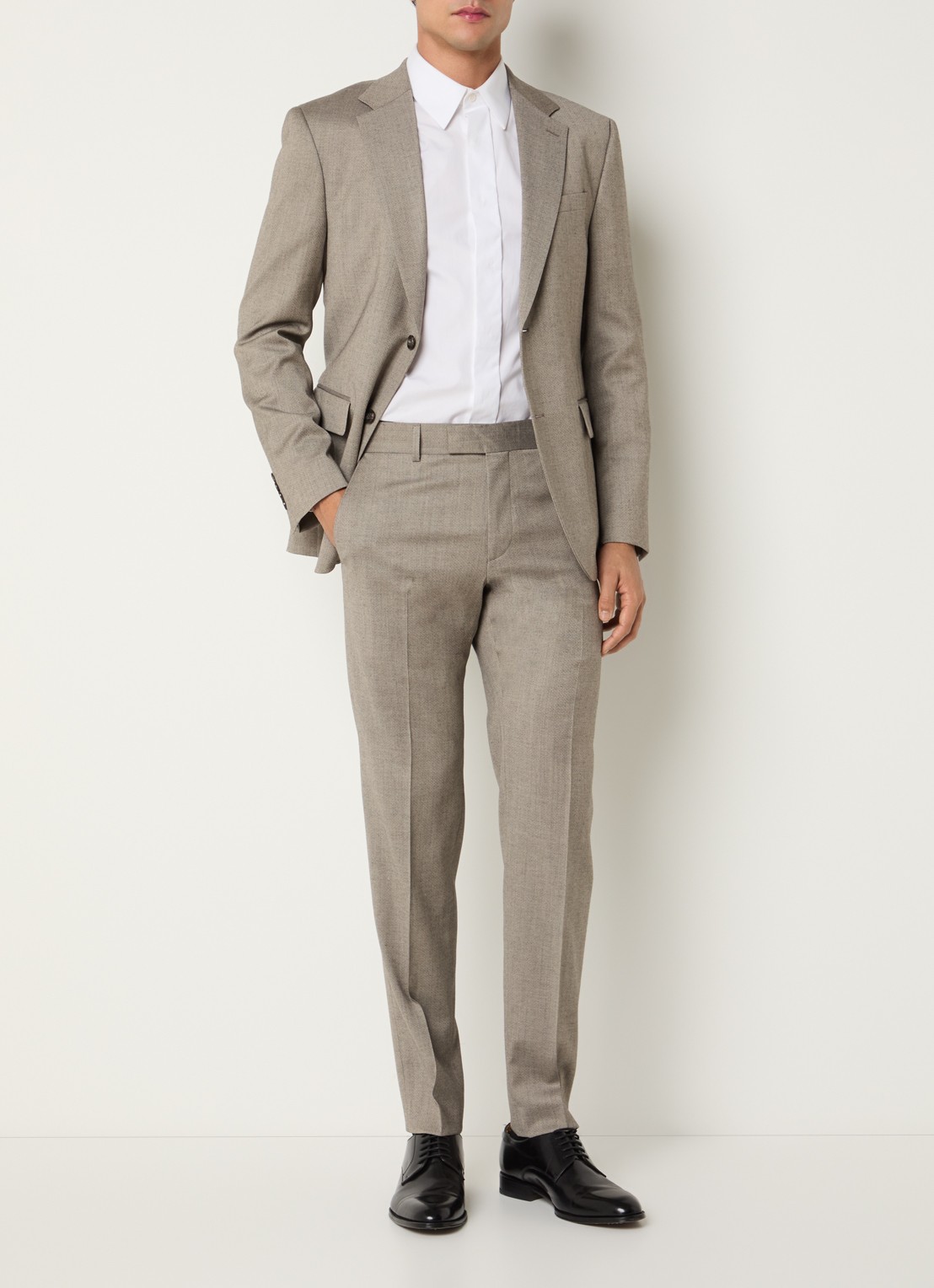 Strellson Melwin slim fit pantalon in wolblend met steekzakken - voorkant 6 donkerbeige