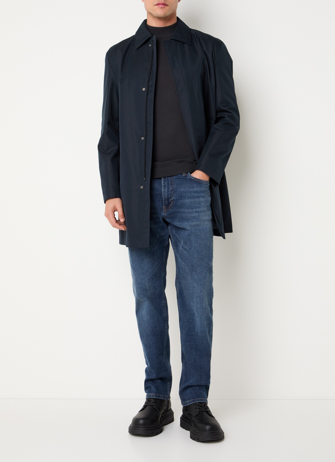 Strellson Naro trenchcoat met steekzakken en kraag - voorkant 2 donkerblauw