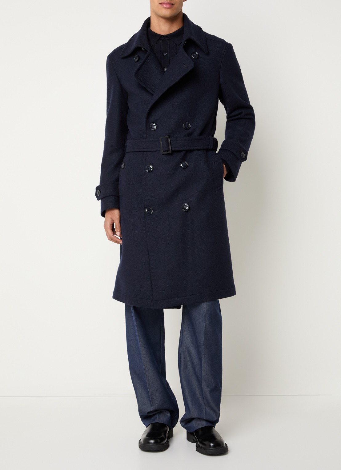 Strellson The 3.0 trenchcoat in wolblend met steekzakken  - detail donkerblauw