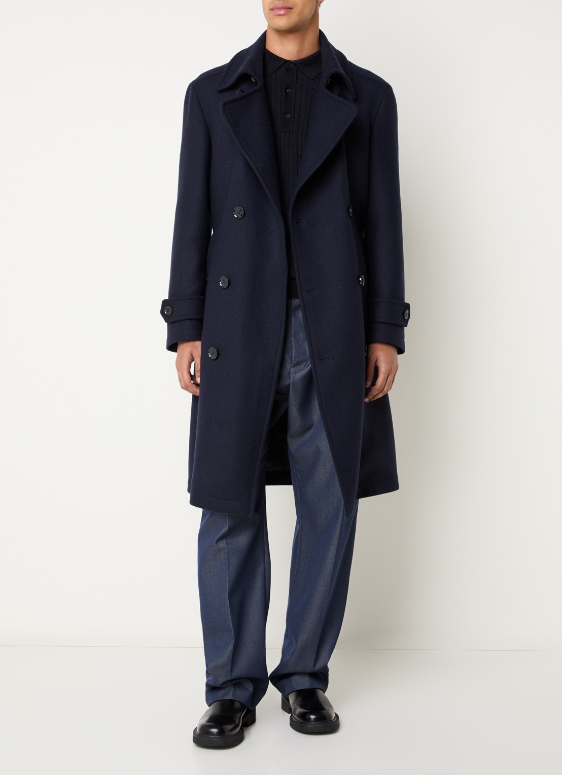 Strellson The 3.0 trenchcoat in wolblend met steekzakken  - voorkant 4 donkerblauw