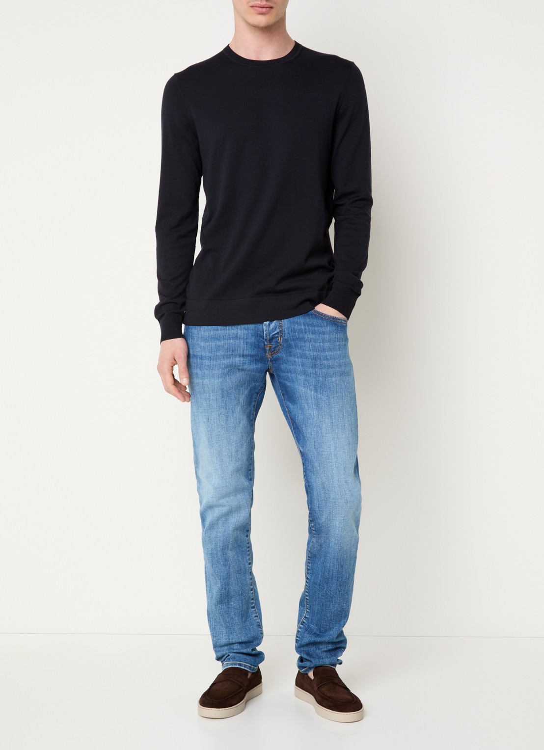 Strellson Vincent fijngebreide pullover met ronde hals - voorkant 3 donkerblauw