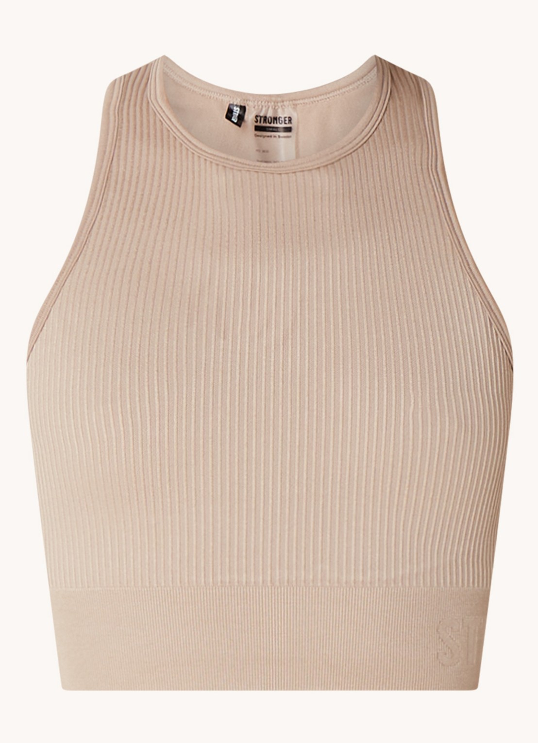 STRONGER Embrace cropped trainingstop met ribstructuur - voorkant 3 taupe