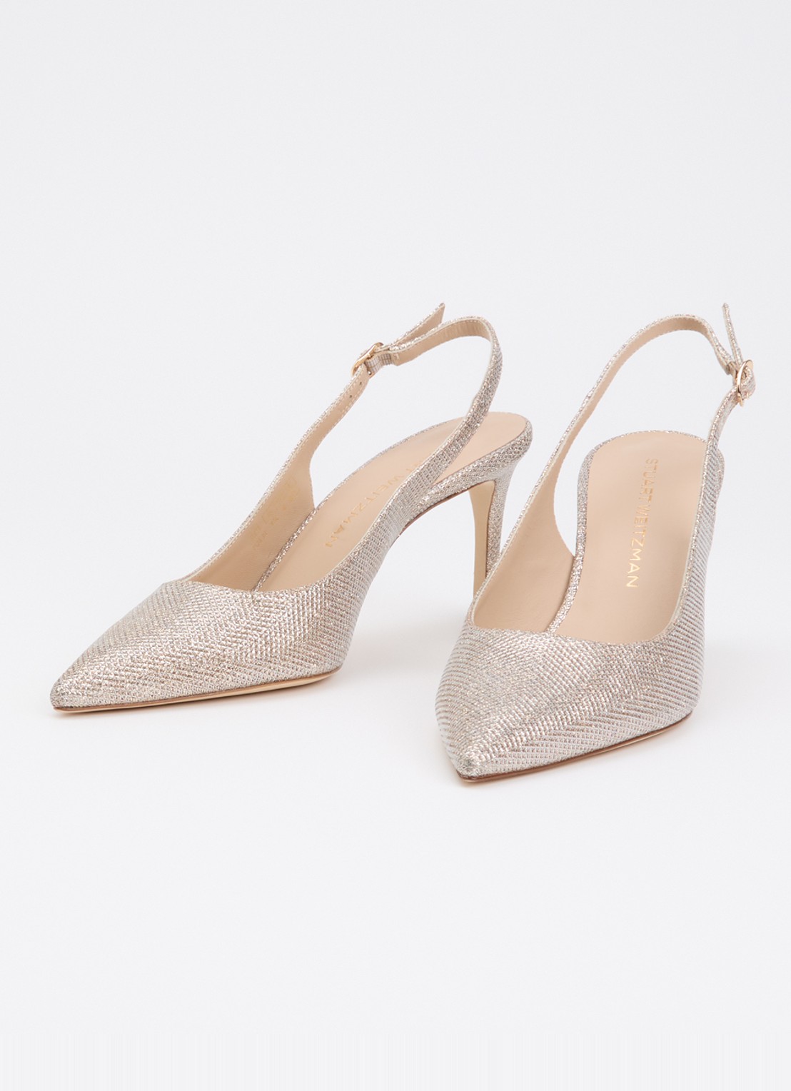 Stuart Weitzman Power 75 slingback met mesh en glitter - detail zilver