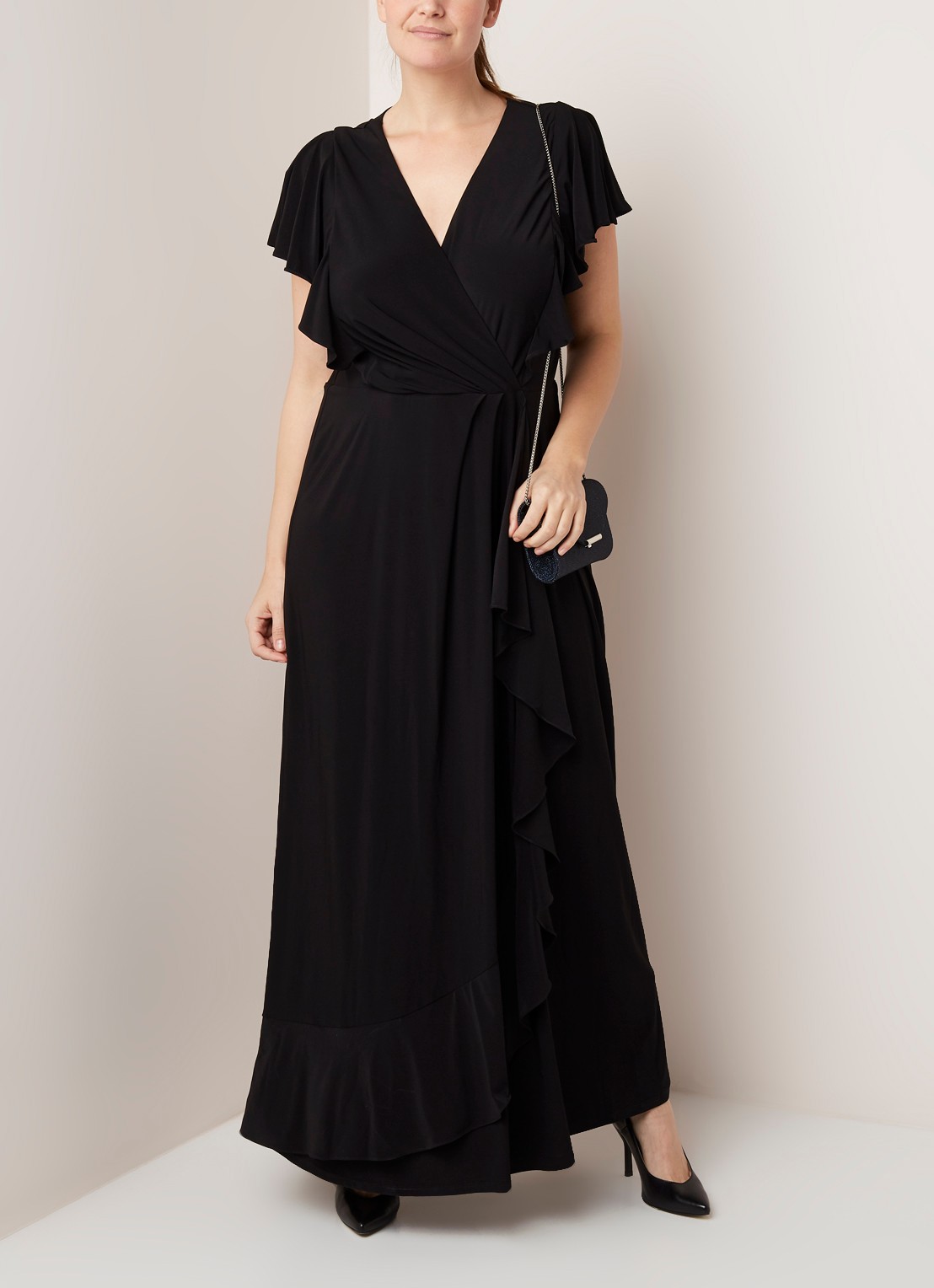 Studio 8 Camilla maxi jurk van jersey met volants - voorkant 4 zwart