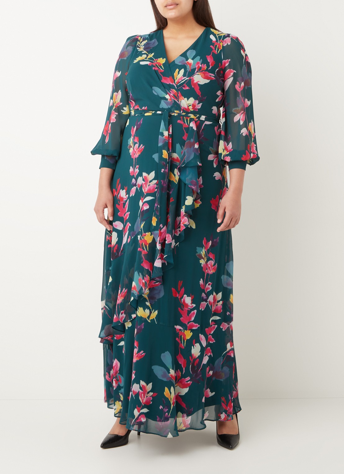 Studio 8 Milana maxi jurk met strikceintuur en bloemenprint - voorkant 2 donkergroen