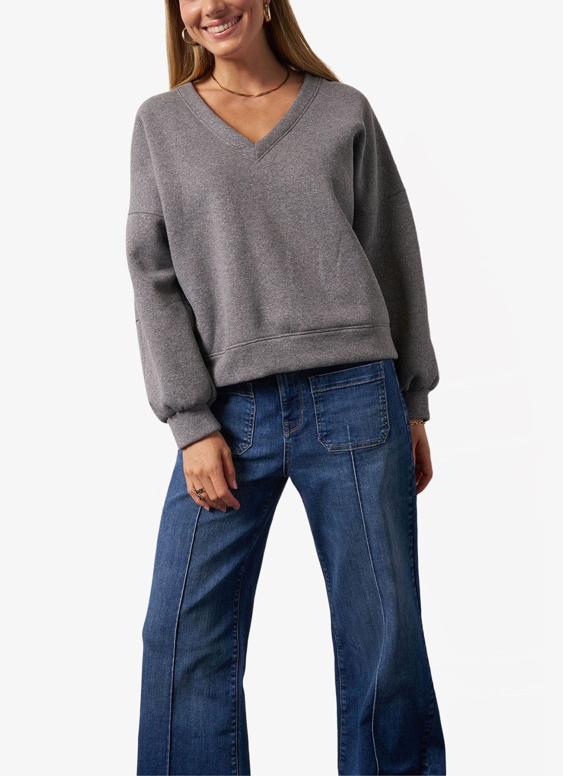 Studio Anneloes Annabel sweater met V-hals - voorkant 2 grijsmele