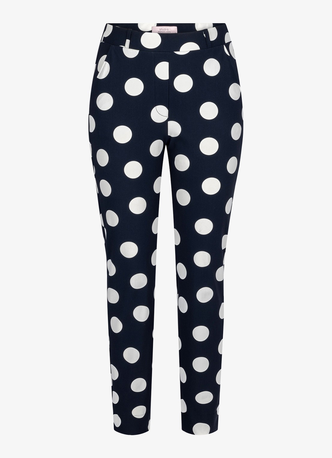 Studio Anneloes Anne high waist slim fit broek met stippenprint - voorkant 2 blauw