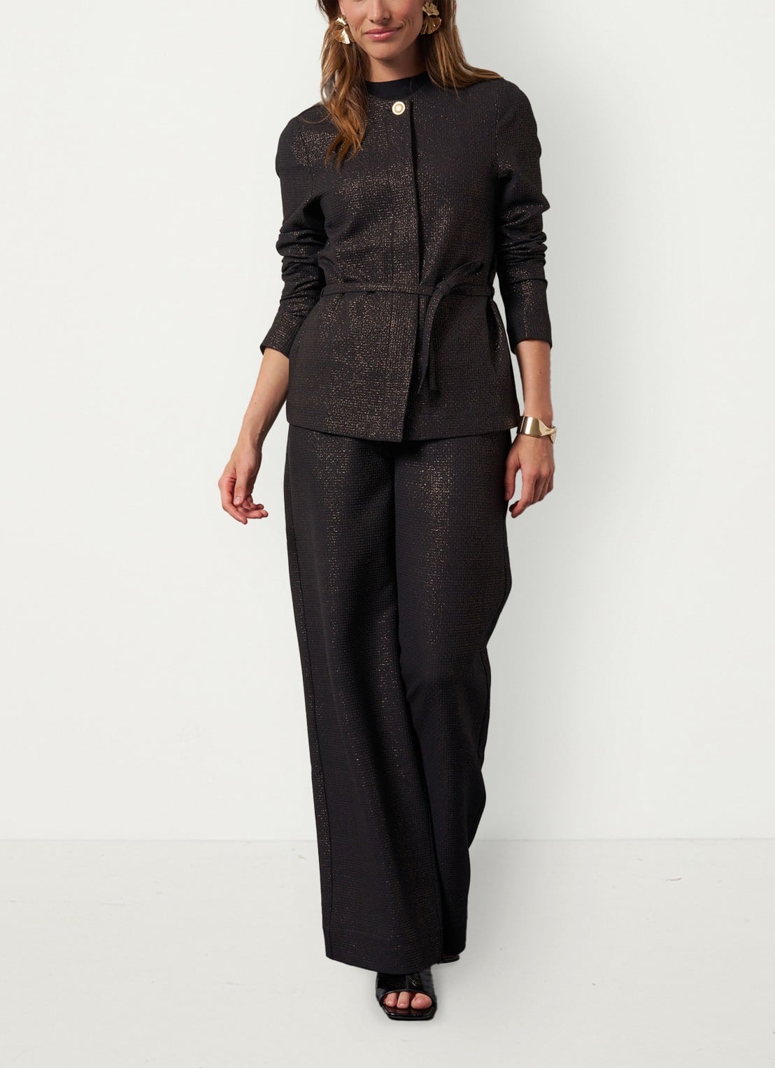 Studio Anneloes Blazer met lurex en strikceintuur - voorkant 3 zwart
