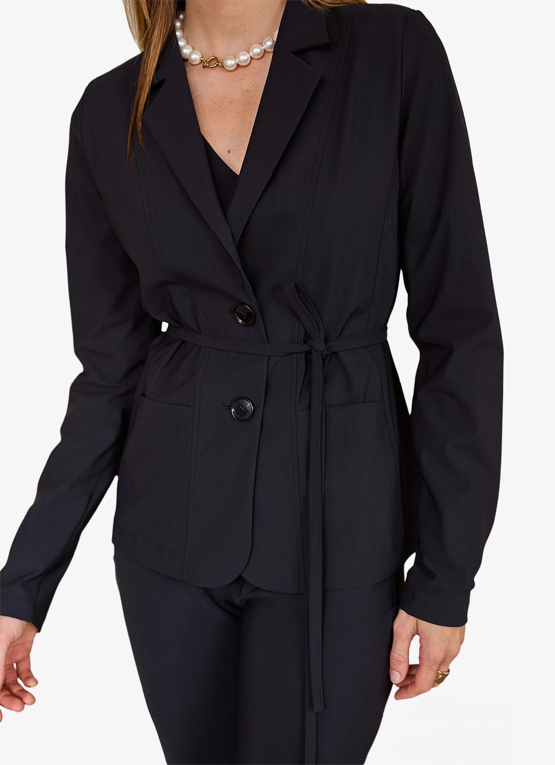 Studio Anneloes Blazer met strikceintuur en paspelzakken - detail 4 zwart