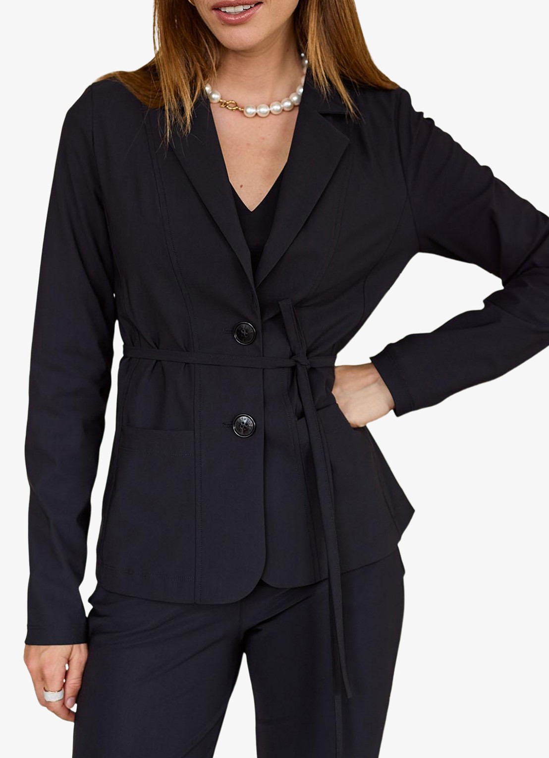 Studio Anneloes Blazer met strikceintuur en paspelzakken - detail 5 zwart