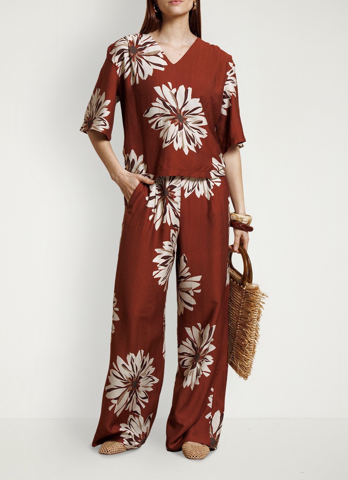 Studio Anneloes Bruce high waist wide fit palazzo broek met bloemenprint - voorkant 2 roestbruin