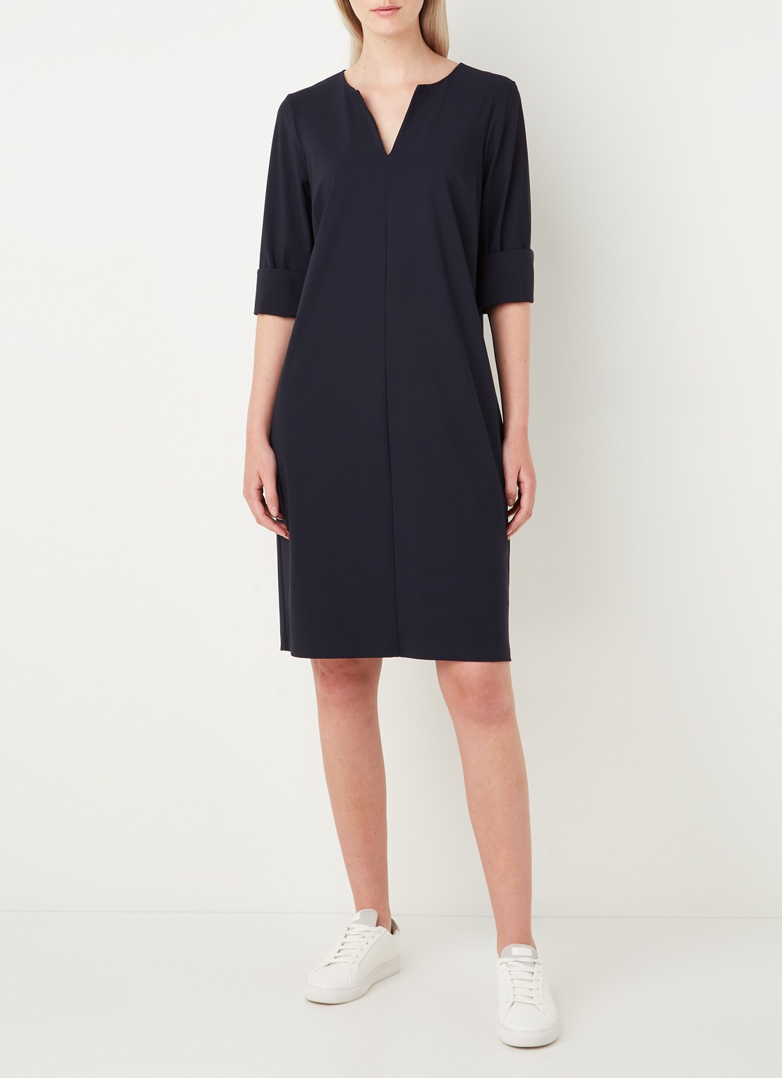 Studio Anneloes Caro mini tuniekjurk van travelstof met steekzakken - voorkant 2 blauw